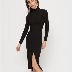 Black Ribbed Mock Neck Bodycon Long Sleeve Midi Dress Front Slit - Dynamite